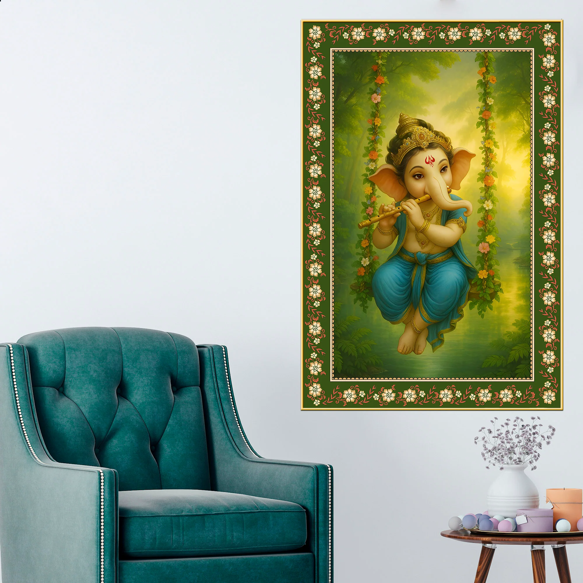 Beautiful Ganesh with Flute Floral Border Vertical Wall Painting - Image 3