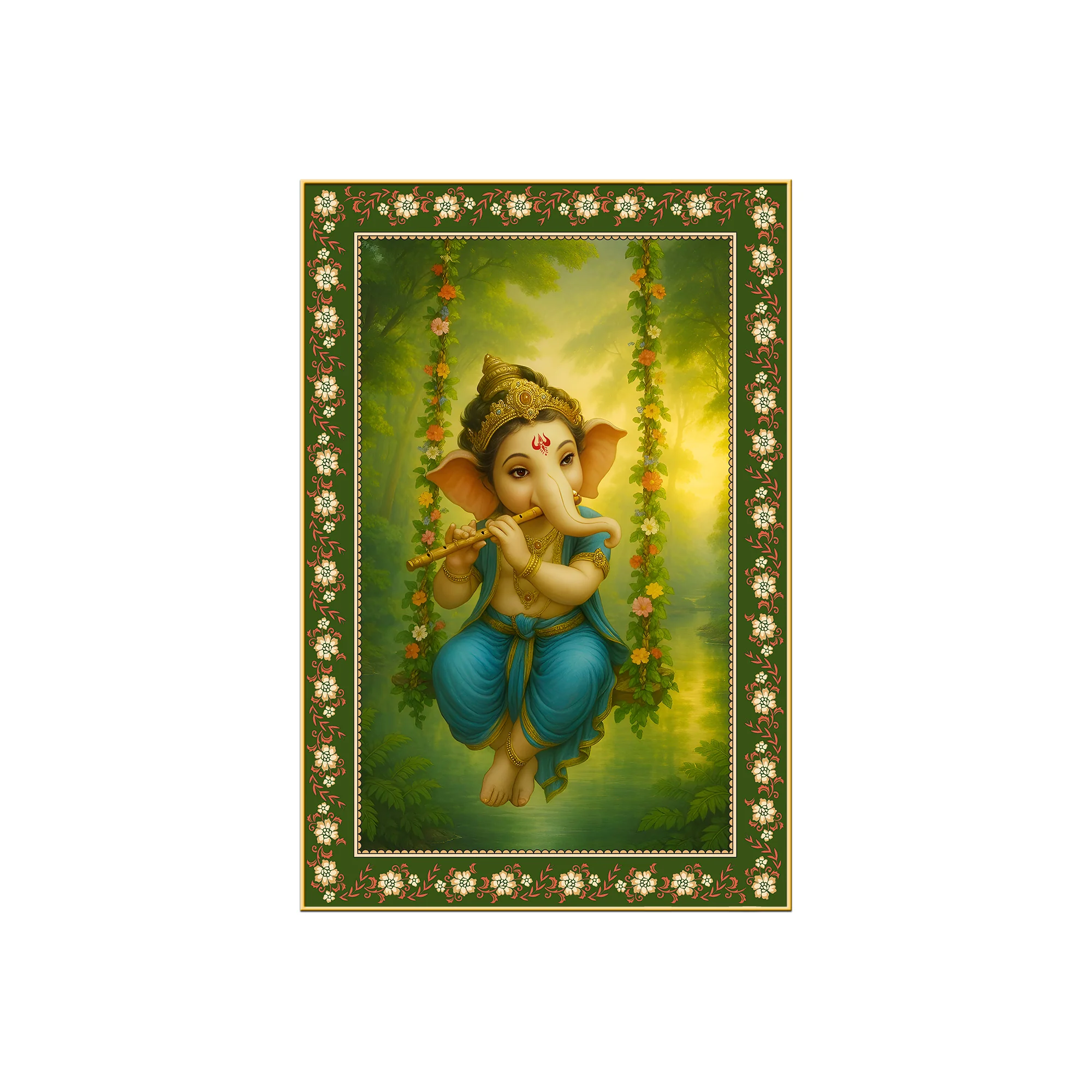 Beautiful Ganesh with Flute Floral Border Vertical Wall Painting - Image 4
