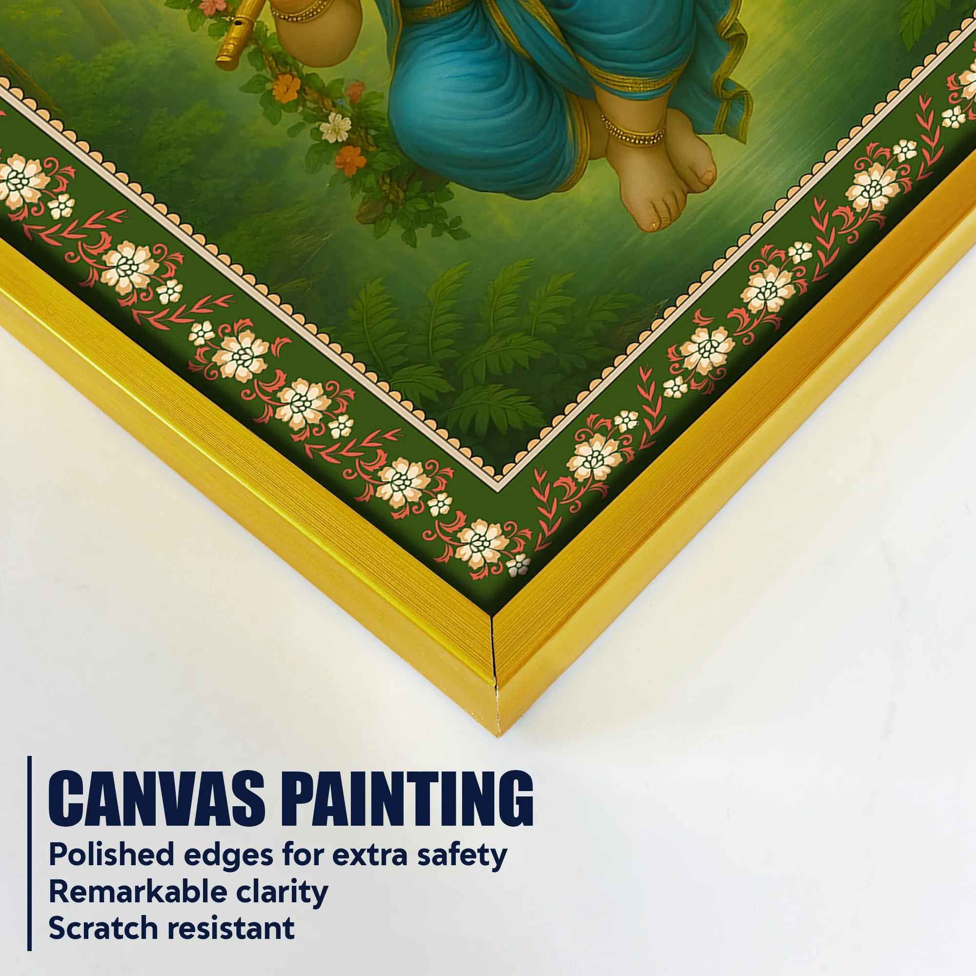 Beautiful Ganesh with Flute Floral Border Vertical Wall Painting - Image 5