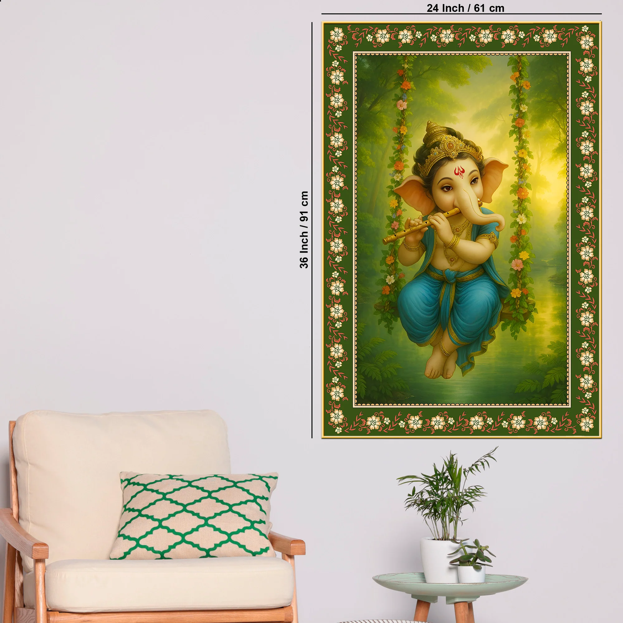 Beautiful Ganesh with Flute Floral Border Vertical Wall Painting - Image 6