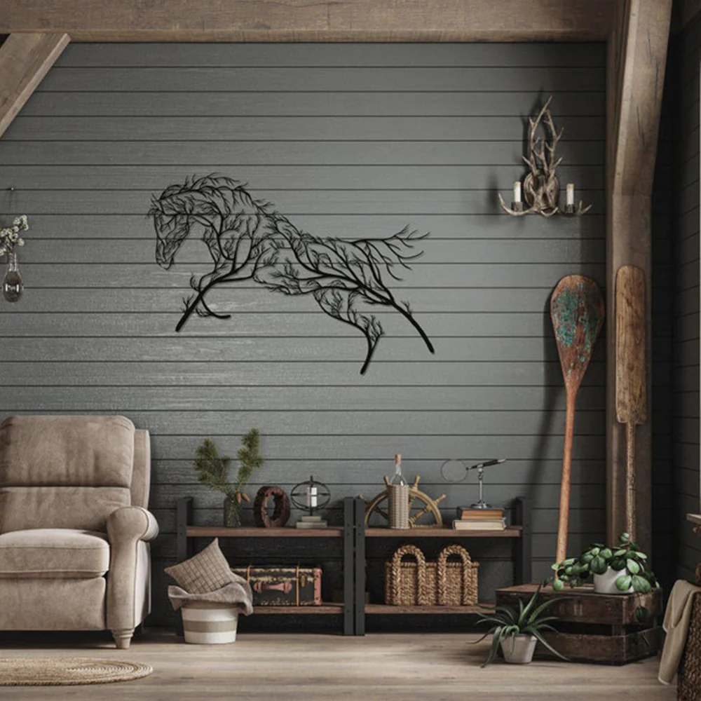 Beautiful Geometric Horse and Tree Metal Wall Art Decor - Image 3