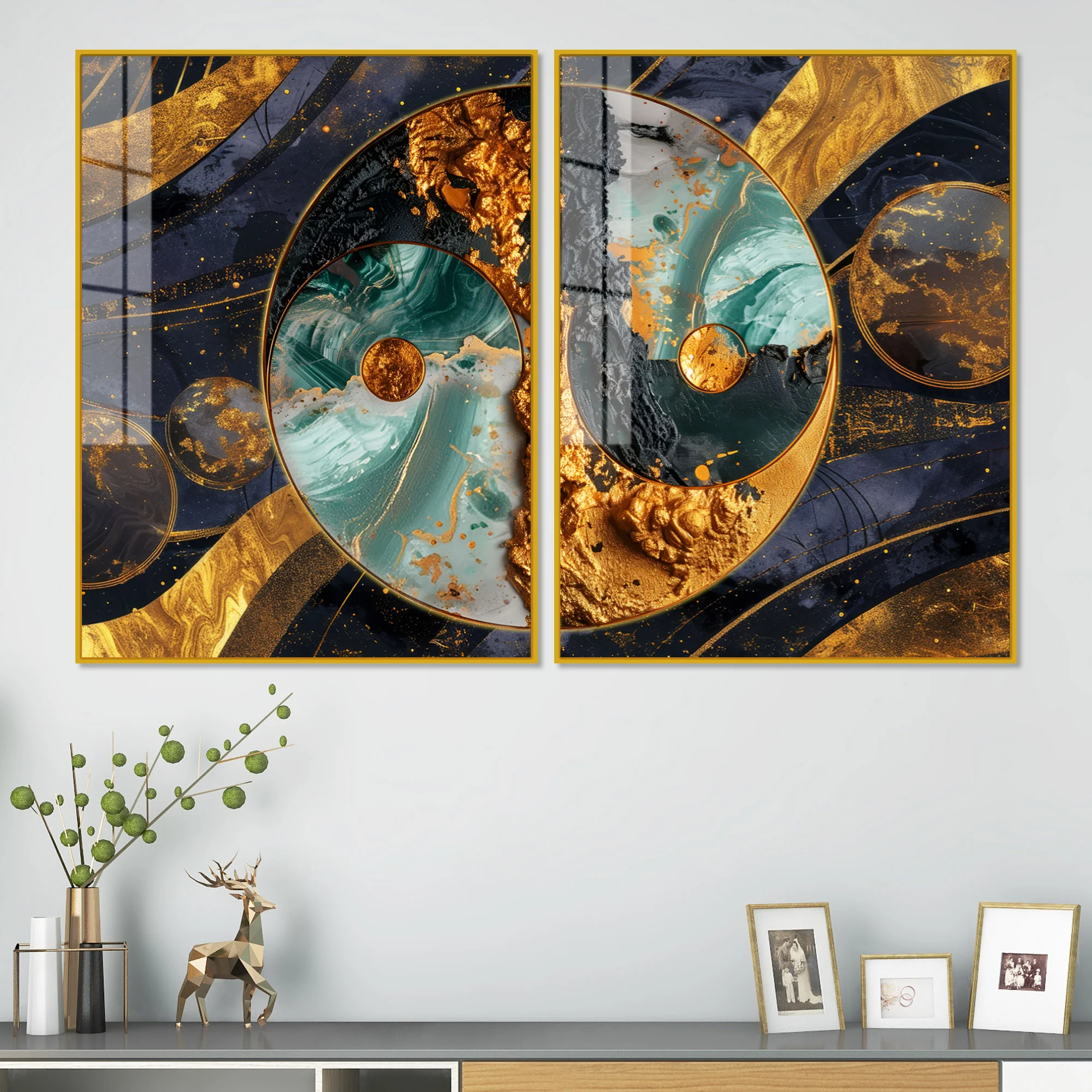 Beautiful Golden Abstract Acrylic Art Floating Wall Painting Set of 2 - Image 2