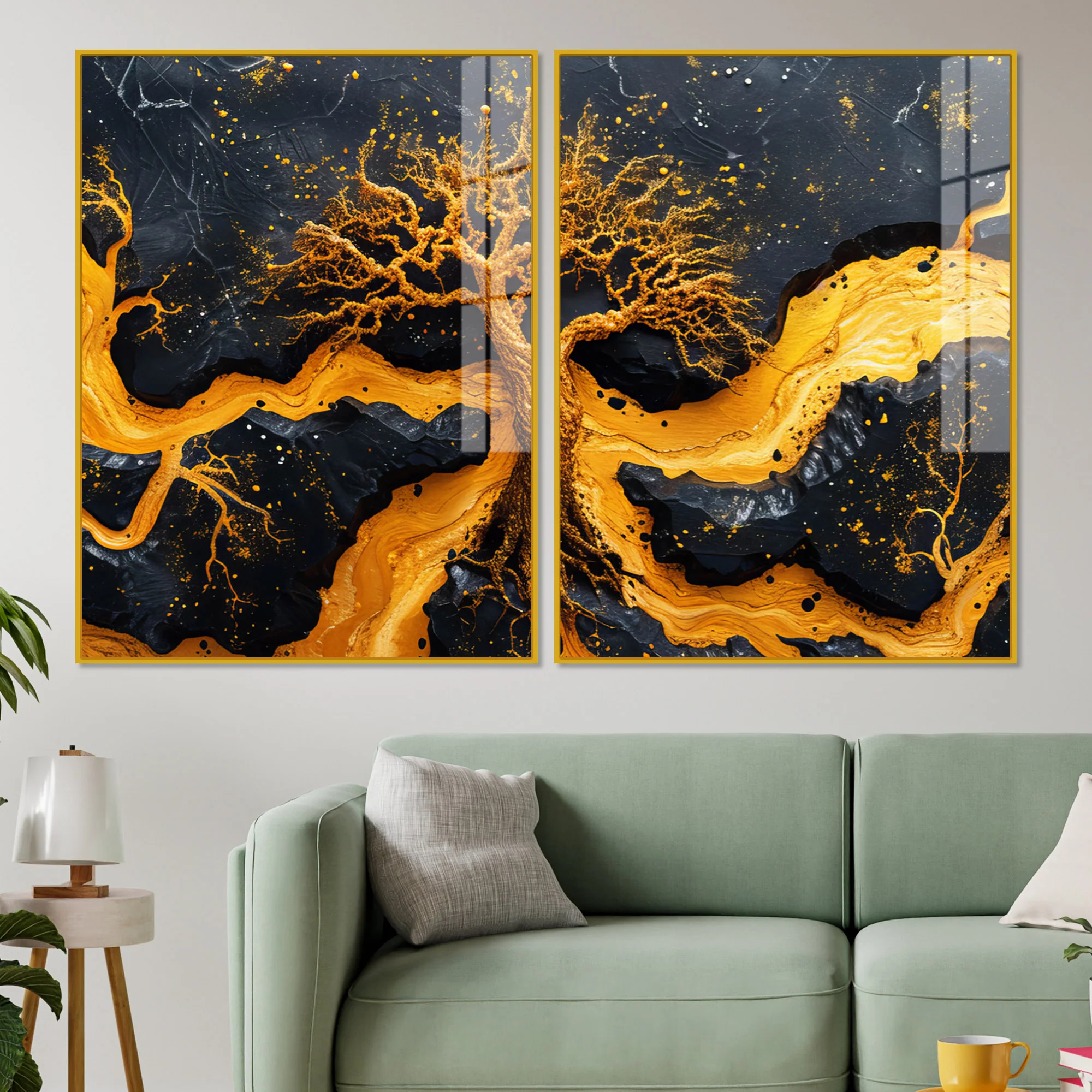 Beautiful Golden Artistic Tree Root Shaped Acrylic Art Floating Wall Painting Set of 2 - Image 2
