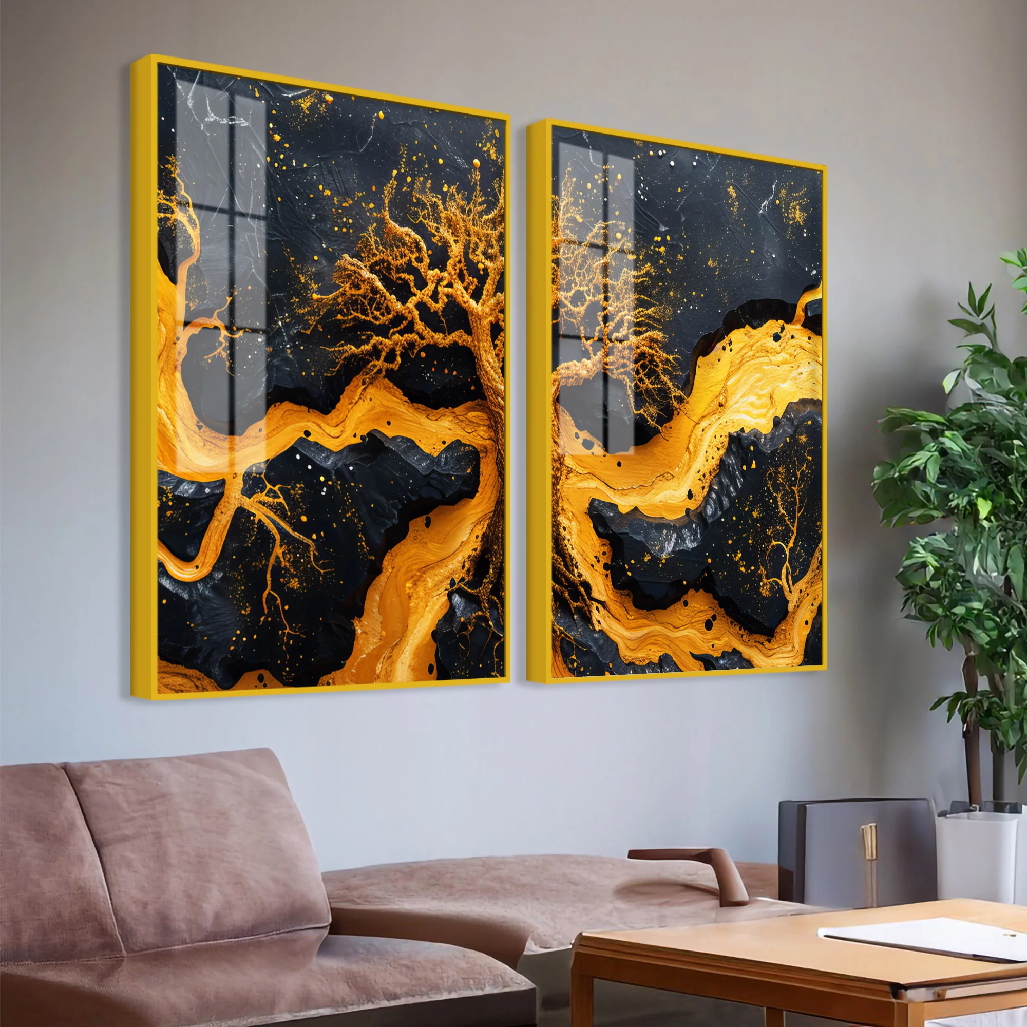 Beautiful Golden Artistic Tree Root Shaped Acrylic Art Floating Wall Painting Set of 2 - Image 3