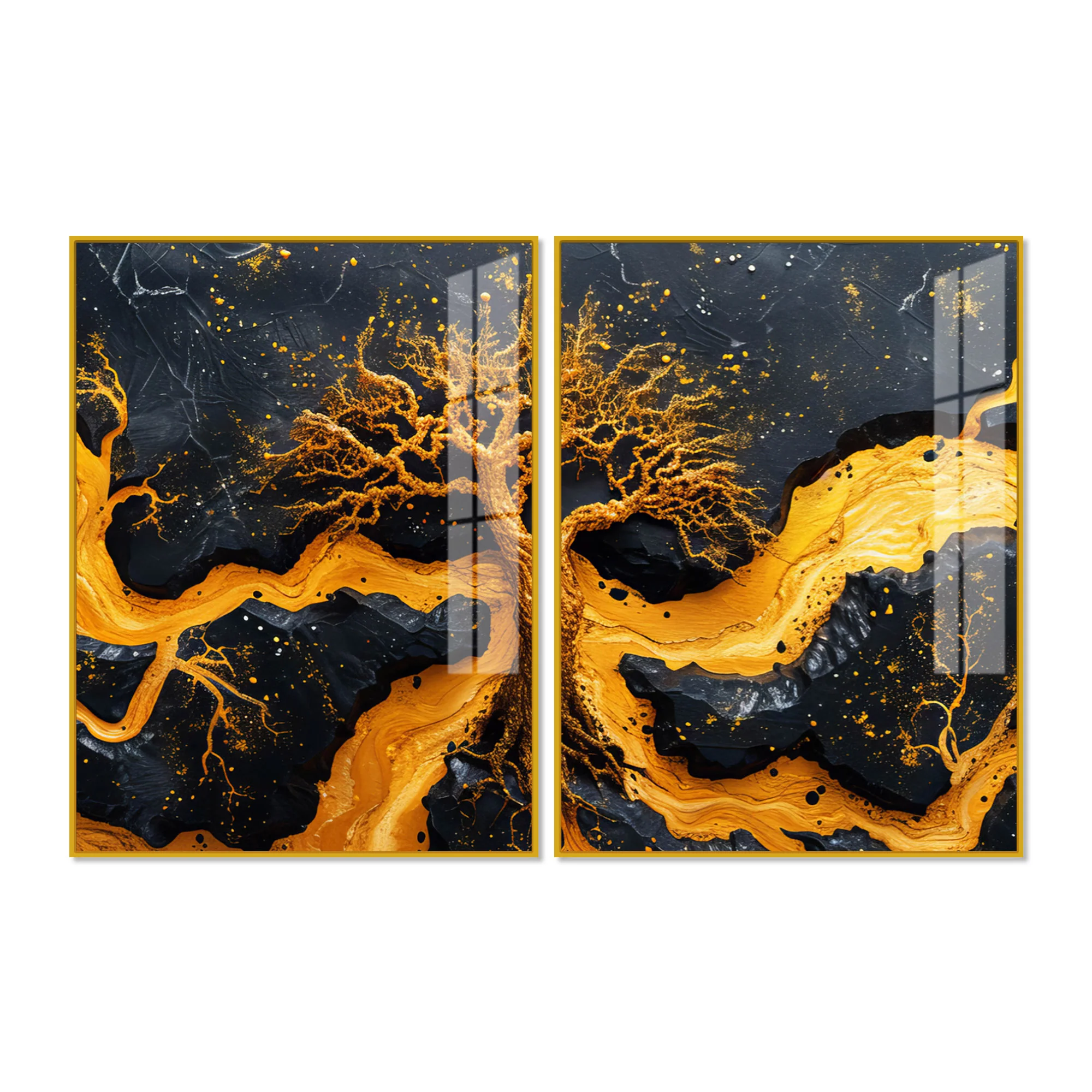 Beautiful Golden Artistic Tree Root Shaped Acrylic Art Floating Wall Painting Set of 2 - Image 4