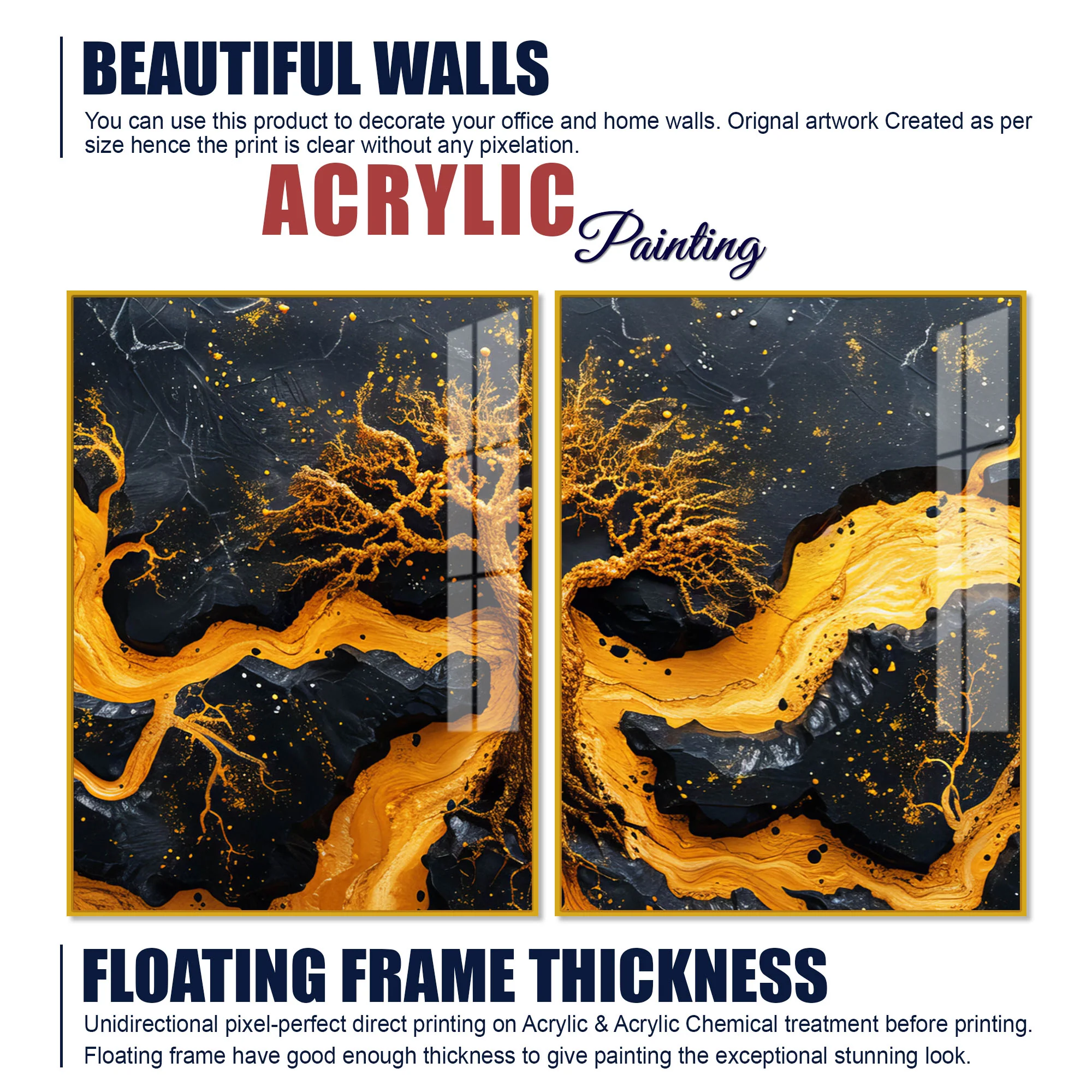 Beautiful Golden Artistic Tree Root Shaped Acrylic Art Floating Wall Painting Set of 2 - Image 5