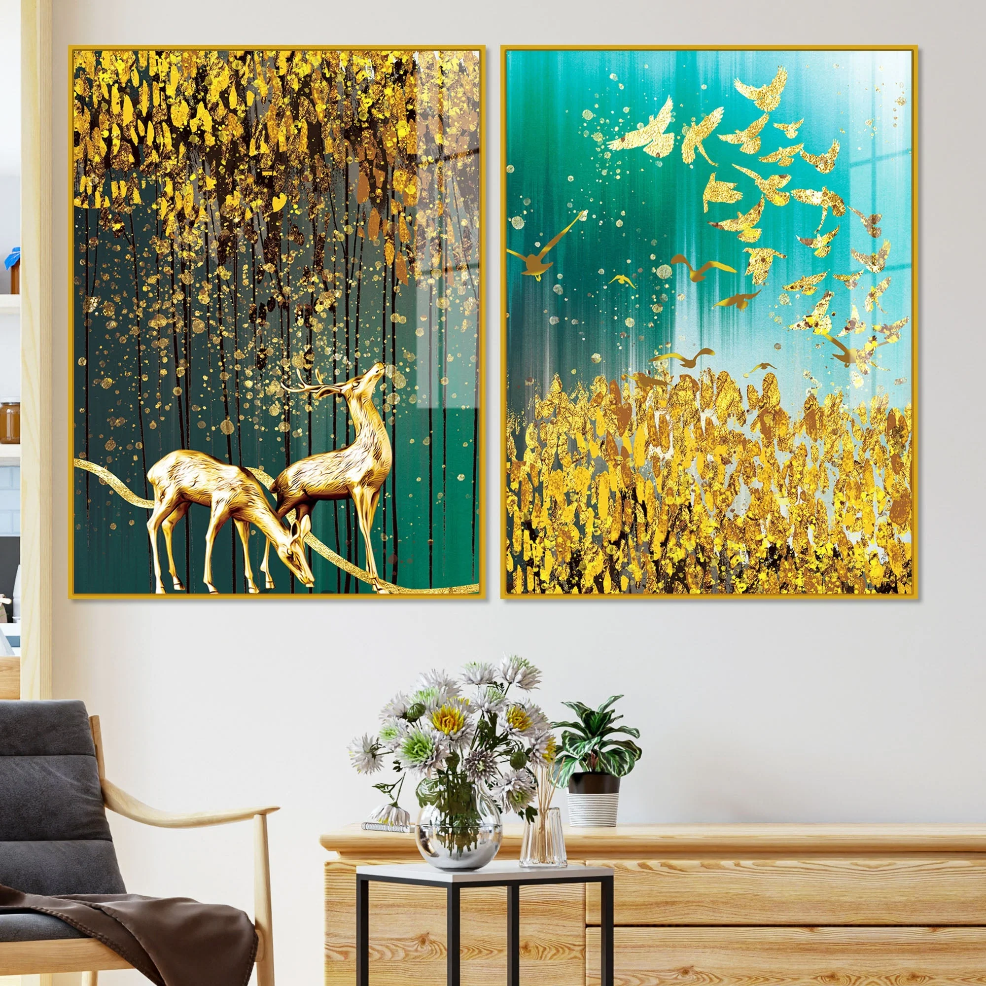 Beautiful Golden Birds and Deer Acrylic Floating Wall Painting Set Of 2 - Image 2