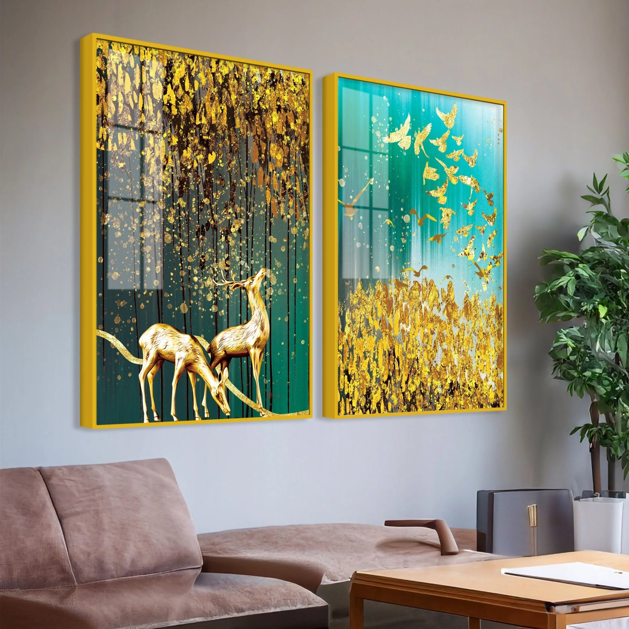 Beautiful Golden Birds and Deer Acrylic Floating Wall Painting Set Of 2 - Image 3