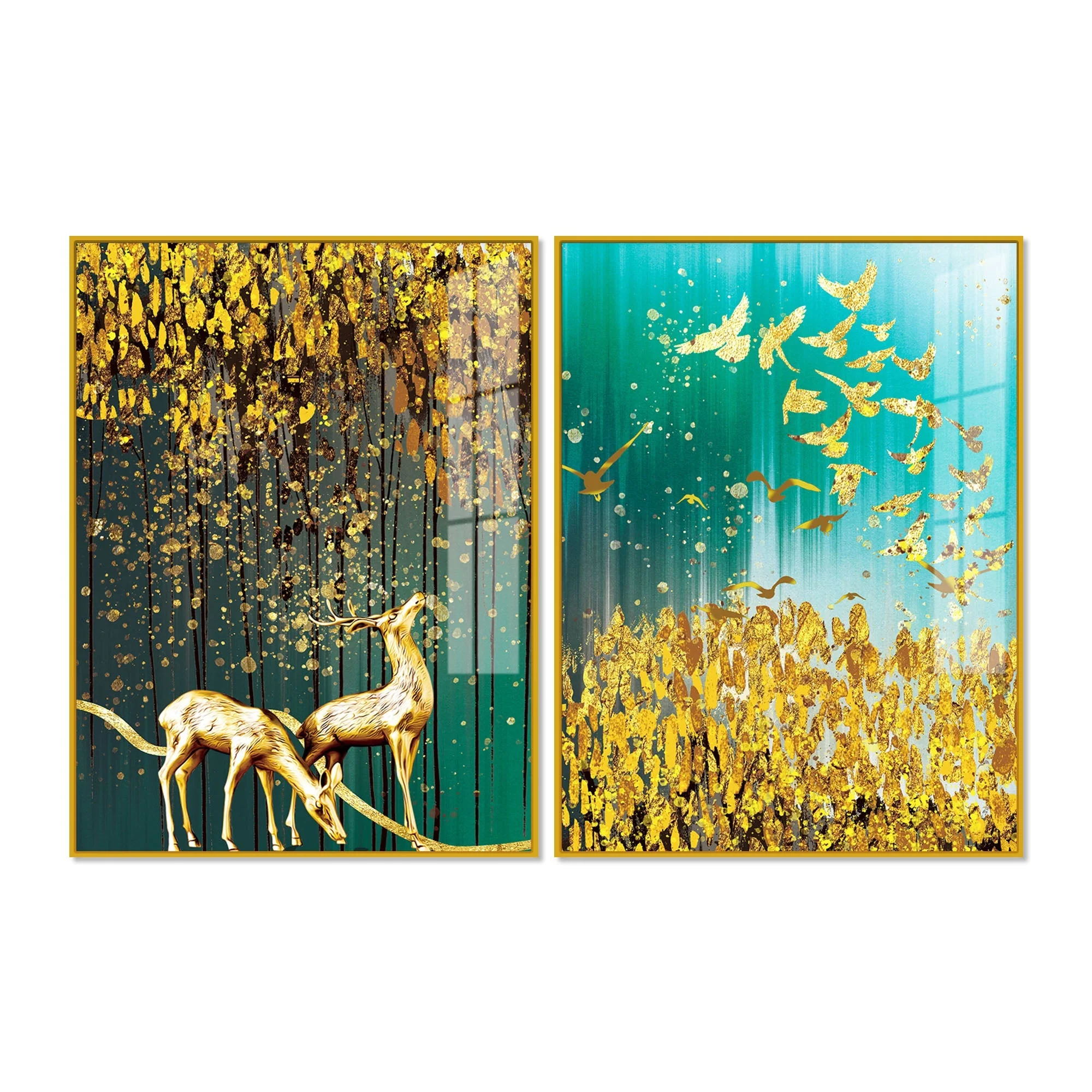 Beautiful Golden Birds and Deer Acrylic Floating Wall Painting Set Of 2 - Image 5