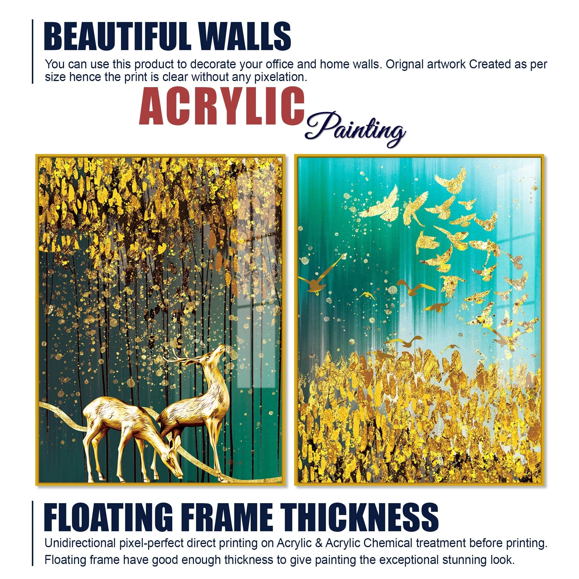 Beautiful Golden Birds and Deer Acrylic Floating Wall Painting Set Of 2 - Image 6