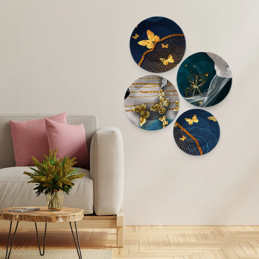 Beautiful Golden Butterflies Premium Wall Plates Painting Set of Four - Image 2