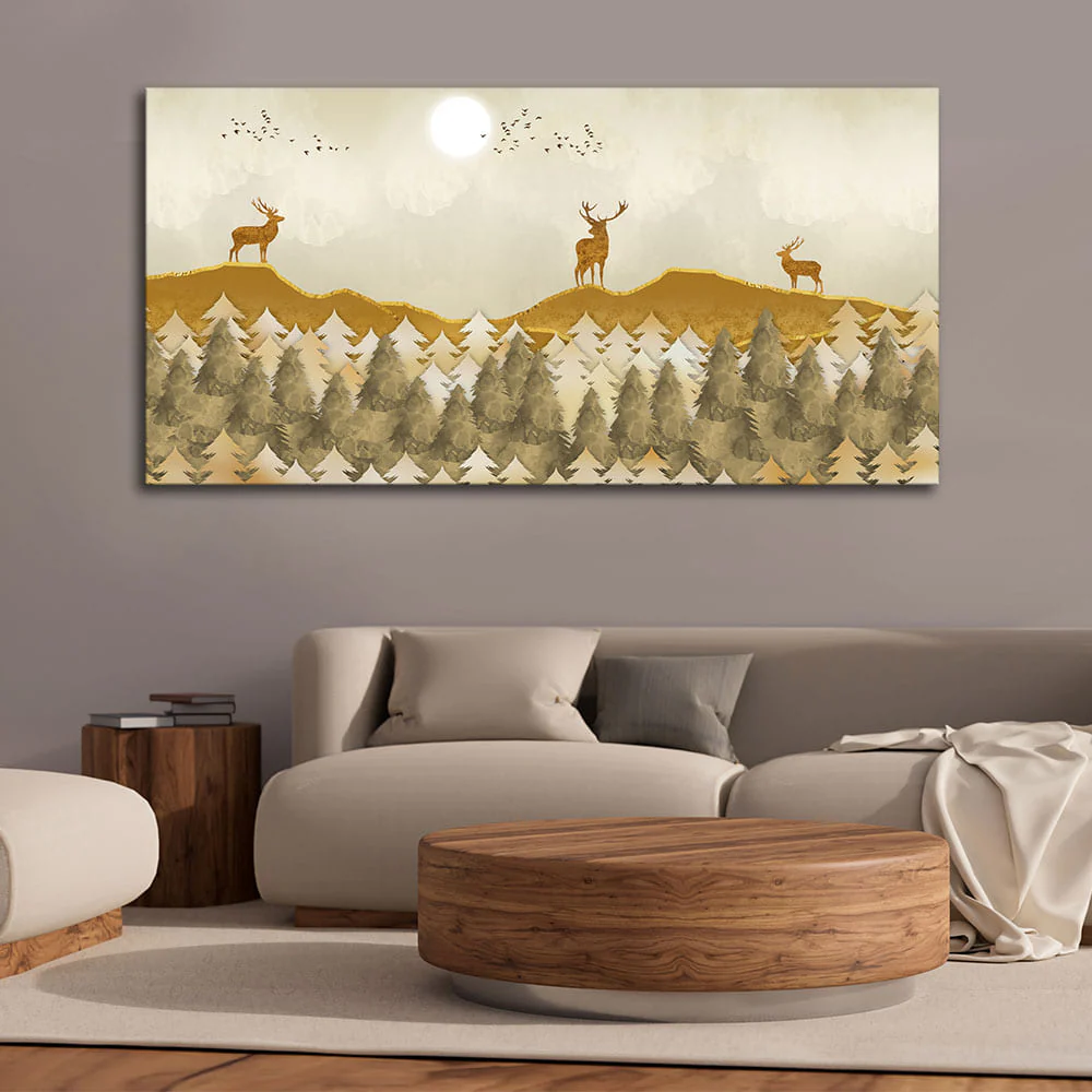 Beautiful Golden Deers Premium Canvas Wall Painting - Image 2