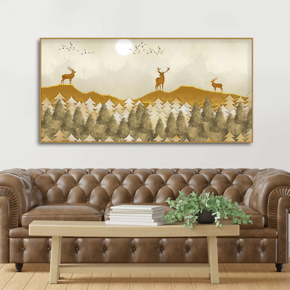 Beautiful Golden Deers Premium Canvas Wall Painting - Image 3