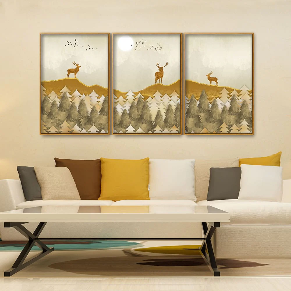 Beautiful Golden Deers Premium Floating Canvas Wall Painting Set of Three - Image 2
