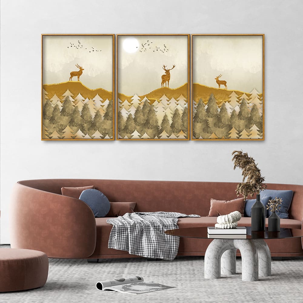 Beautiful Golden Deers Premium Floating Canvas Wall Painting Set of Three - Image 3