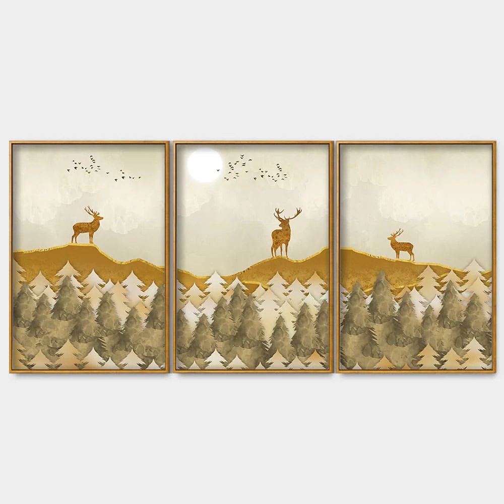 Beautiful Golden Deers Premium Floating Canvas Wall Painting Set of Three - Image 4