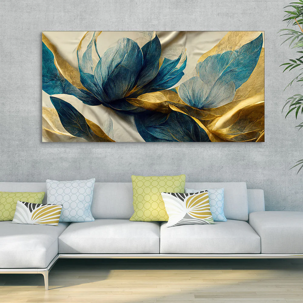 Beautiful Golden Flower and Waves Canvas Wall Painting - Image 2