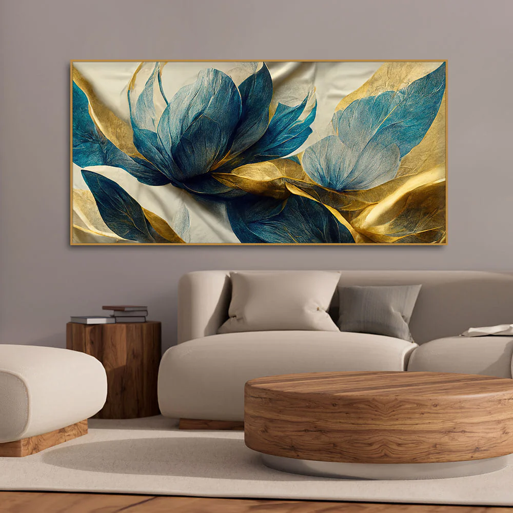 Beautiful Golden Flower and Waves Canvas Wall Painting - Image 3
