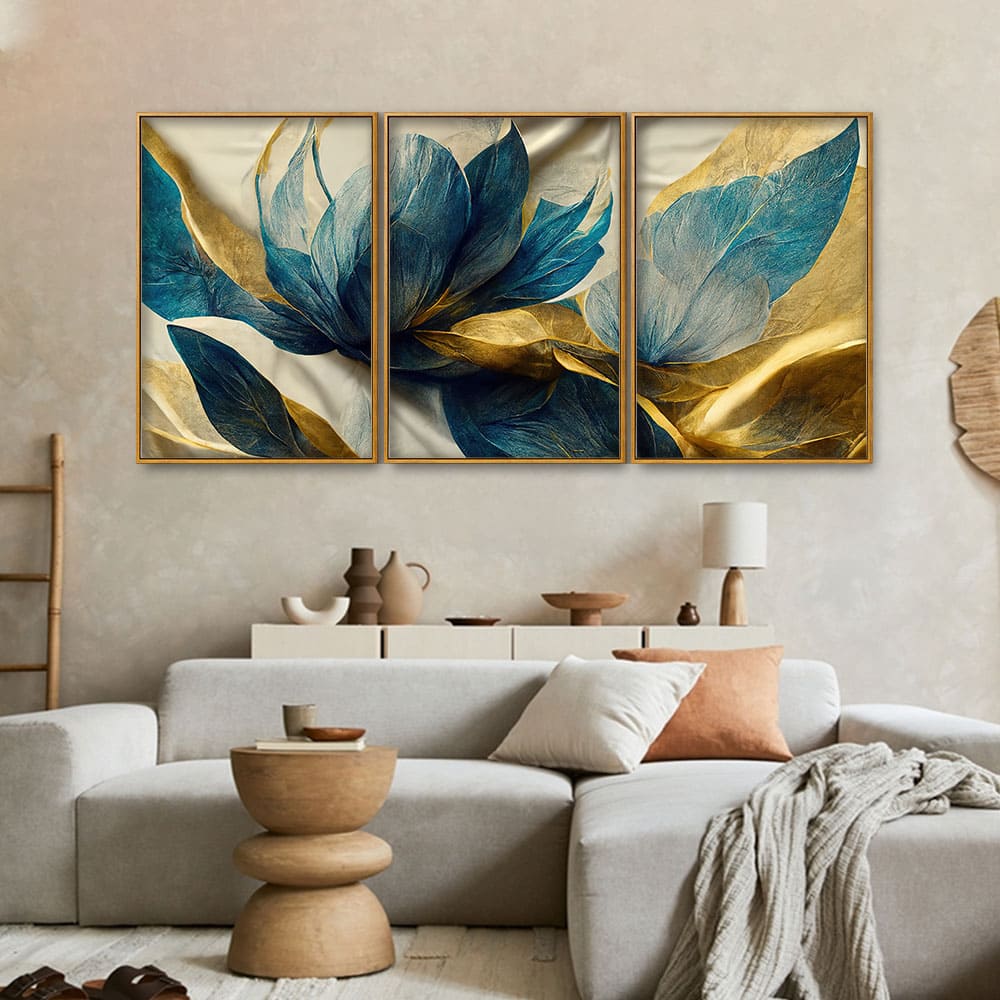 Beautiful Golden Flower and Waves Floating Canvas Wall Painting Set of Three - Image 2