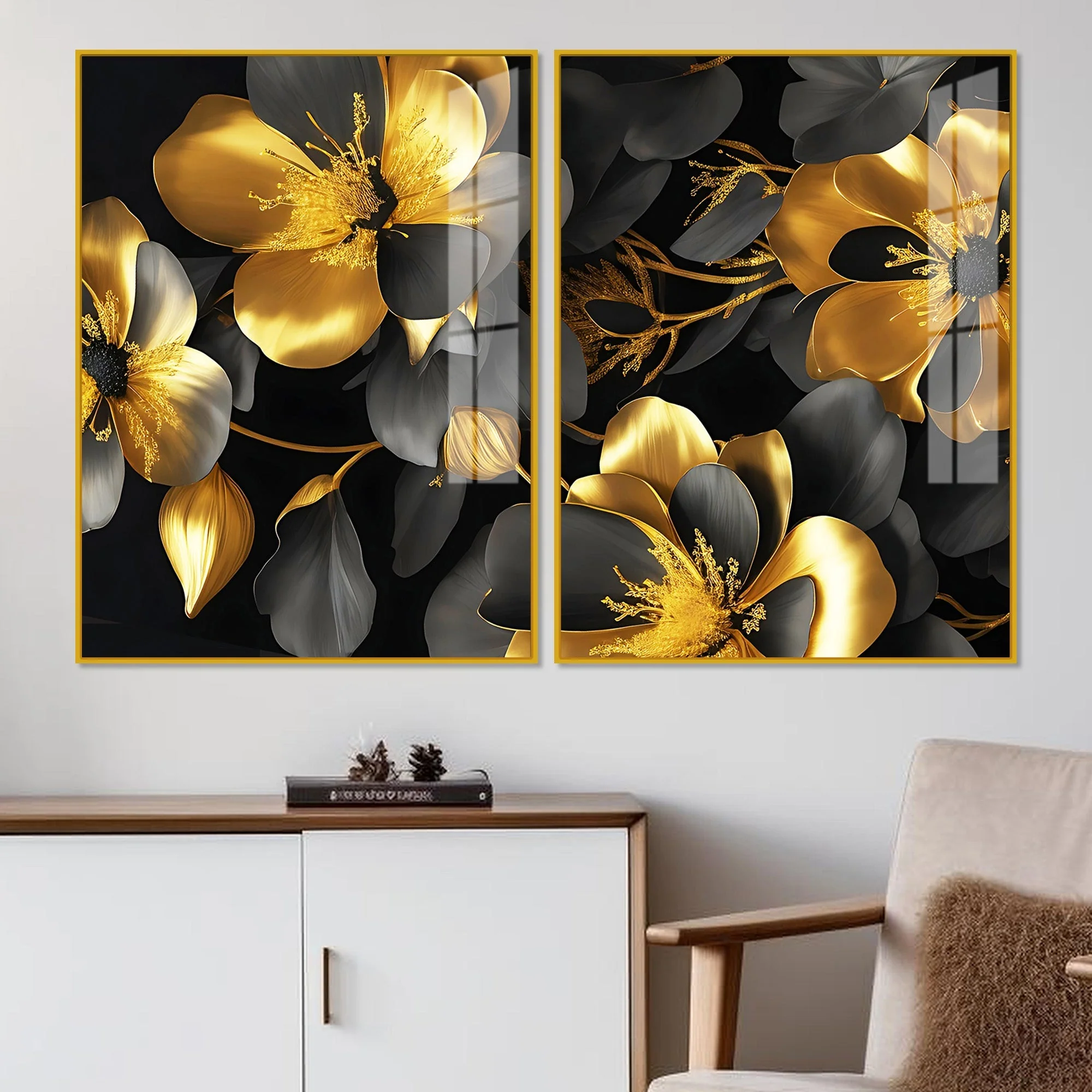 Beautiful Golden Flower Premium Acrylic Floating Wall Painting Set Of 2 - Image 2