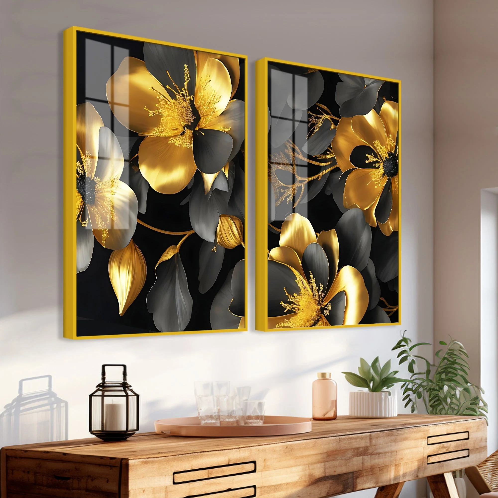 Beautiful Golden Flower Premium Acrylic Floating Wall Painting Set Of 2 - Image 3