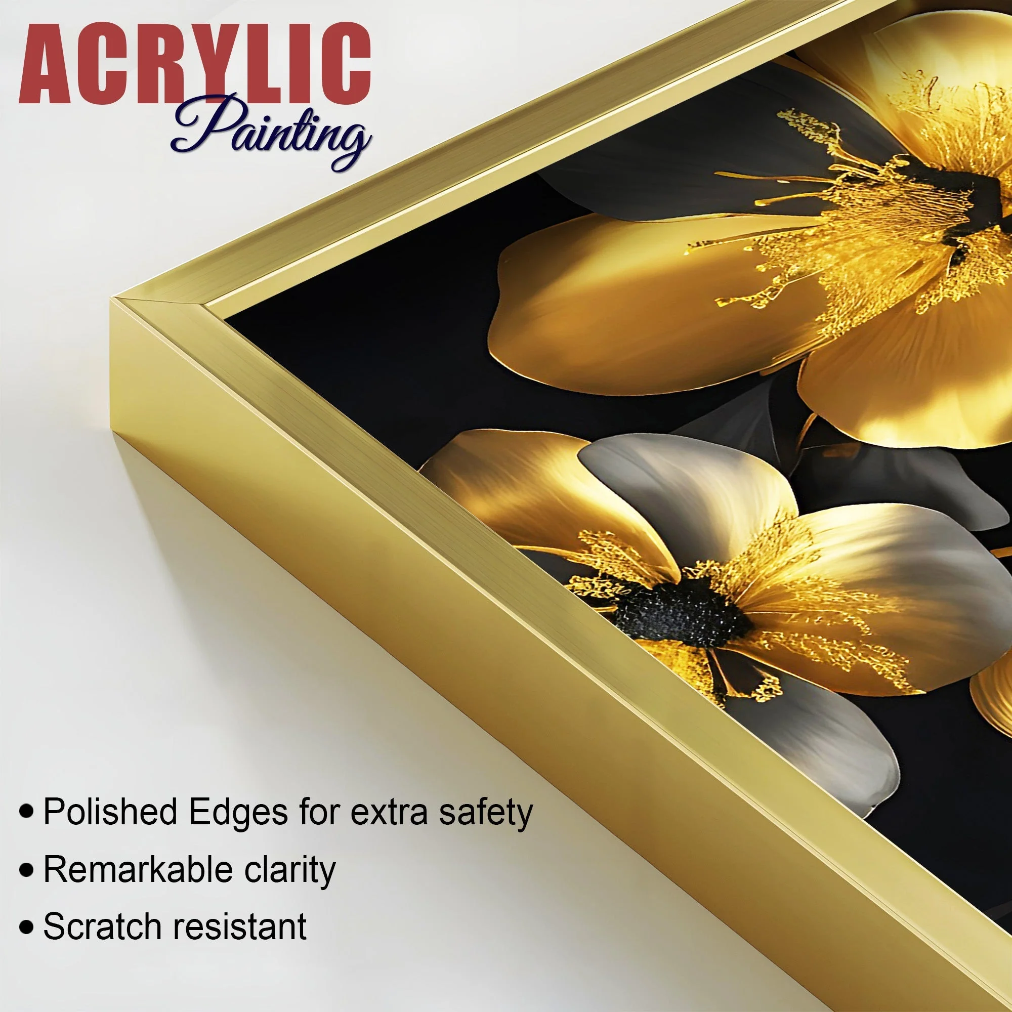 Beautiful Golden Flower Premium Acrylic Floating Wall Painting Set Of 2 - Image 4