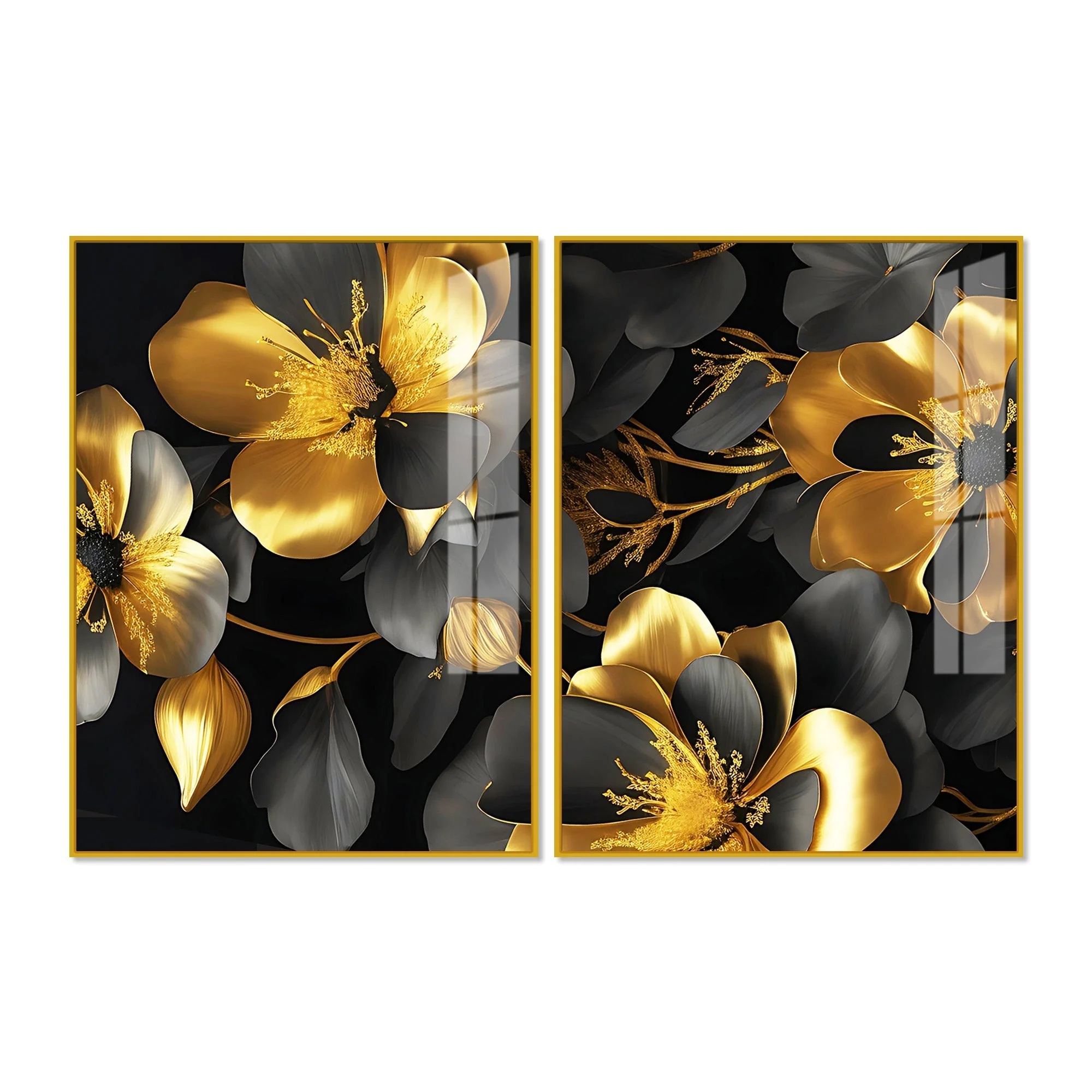 Beautiful Golden Flower Premium Acrylic Floating Wall Painting Set Of 2 - Image 5