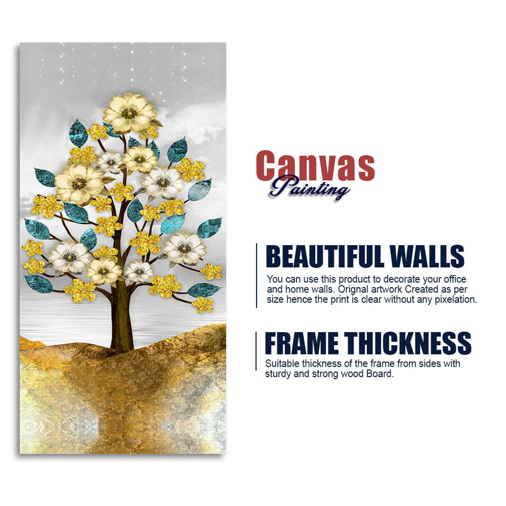 Beautiful Golden Flowers and Turquoise Mountains Canvas Wall Painting - Image 6