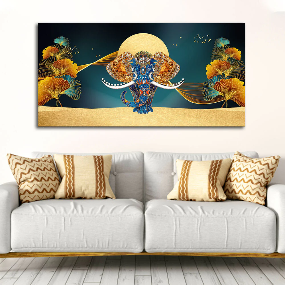 Beautiful Golden Flowers with Elephant Premium Canvas Wall Painting - Image 2