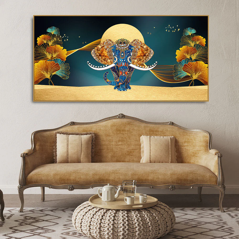 Beautiful Golden Flowers with Elephant Premium Canvas Wall Painting - Image 3
