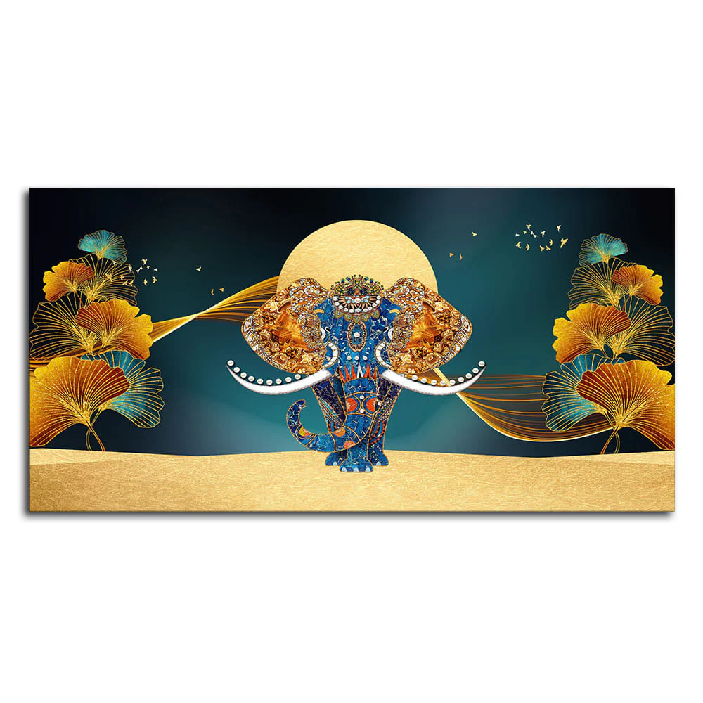 Beautiful Golden Flowers with Elephant Premium Canvas Wall Painting - Image 4