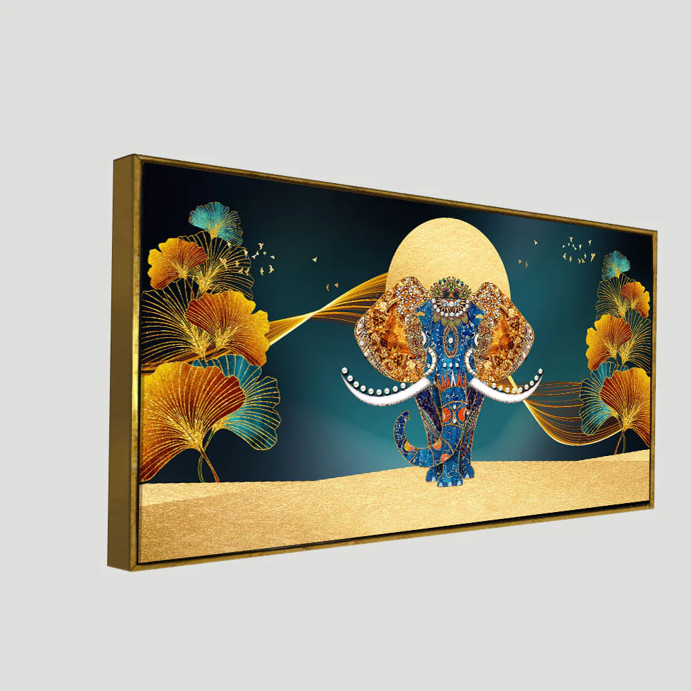Beautiful Golden Flowers with Elephant Premium Canvas Wall Painting - Image 5