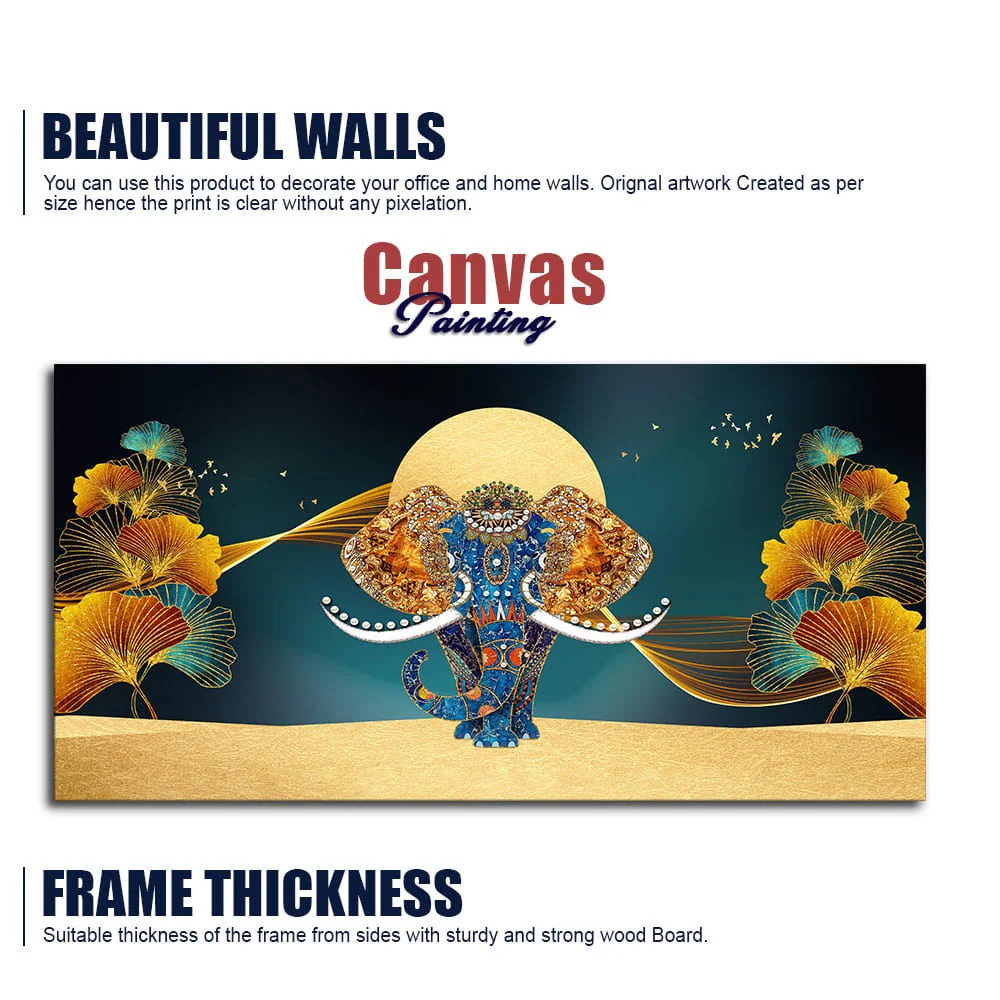 Beautiful Golden Flowers with Elephant Premium Canvas Wall Painting - Image 6