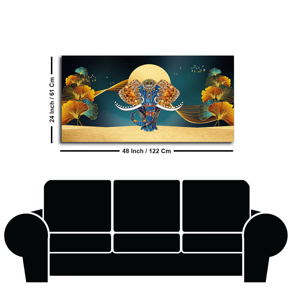 Beautiful Golden Flowers with Elephant Premium Canvas Wall Painting - Image 7