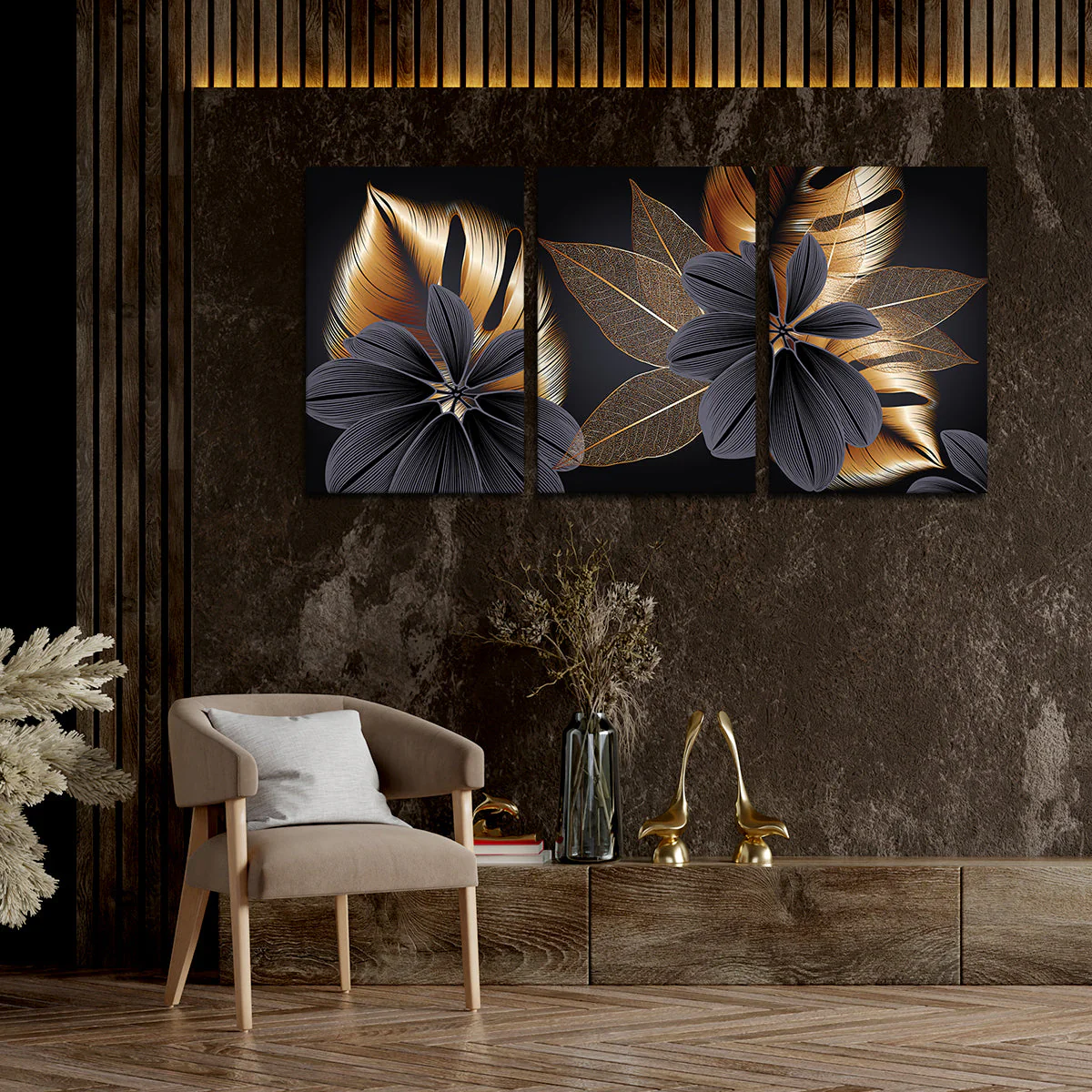 Beautiful Golden Leaf Flower Canvas Wall Painting 3 Pieces - Image 3