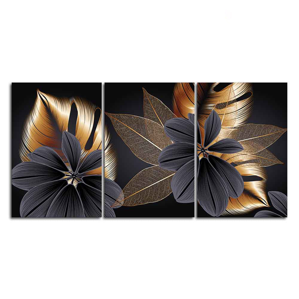 Beautiful Golden Leaf Flower Canvas Wall Painting 3 Pieces - Image 4