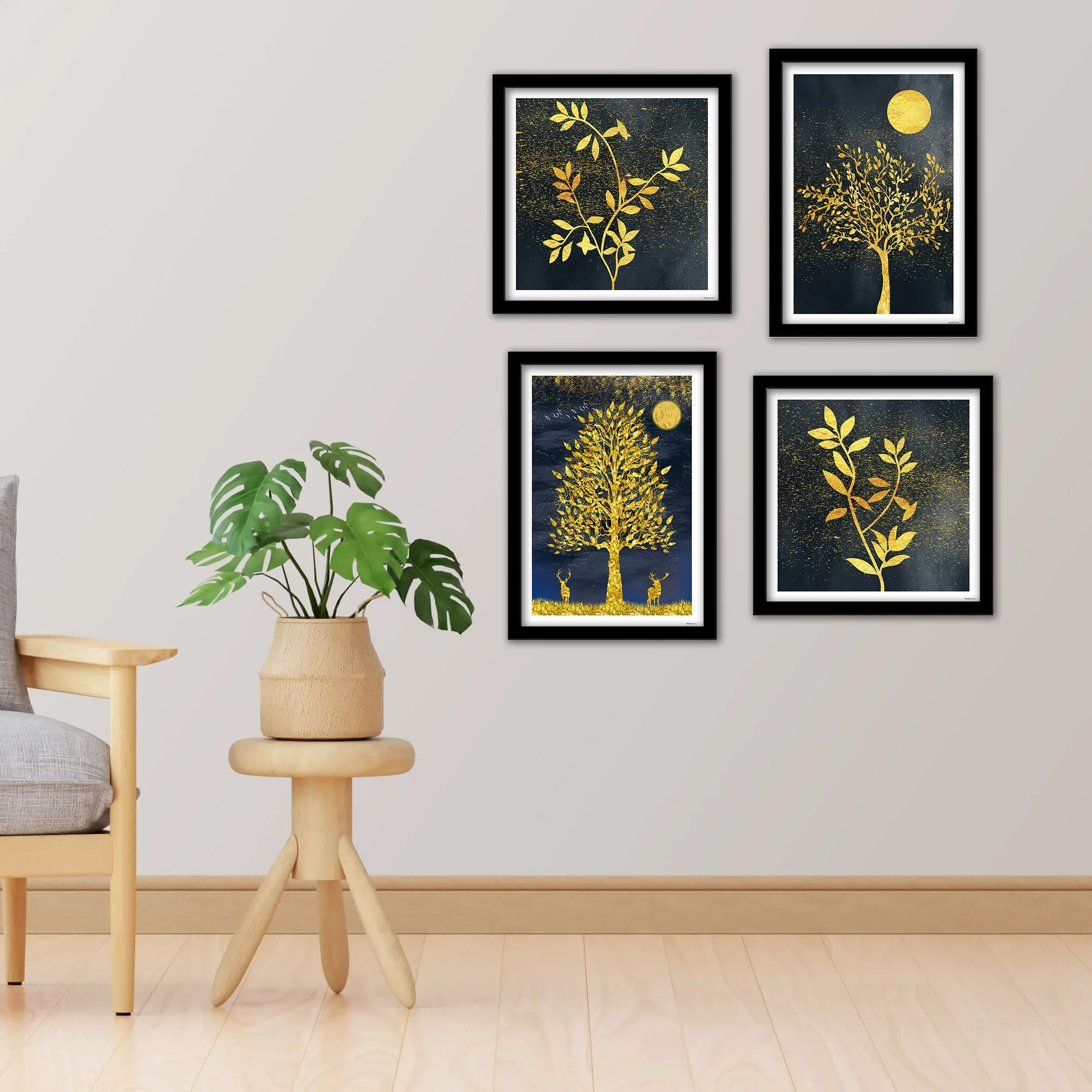 Beautiful Golden Leaf Tree Wall Frame Set of Four - Image 2