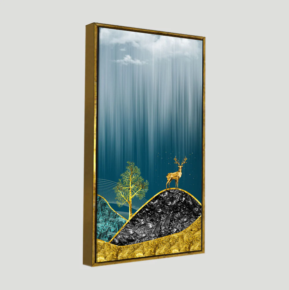 Beautiful Golden Mountains and Deer with Moon Canvas Wall Painting - Image 5