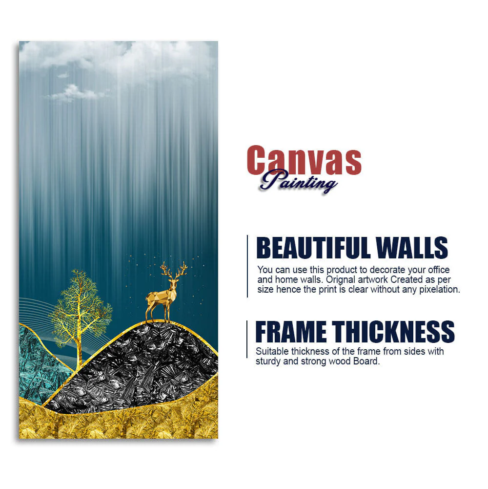 Beautiful Golden Mountains and Deer with Moon Canvas Wall Painting - Image 6