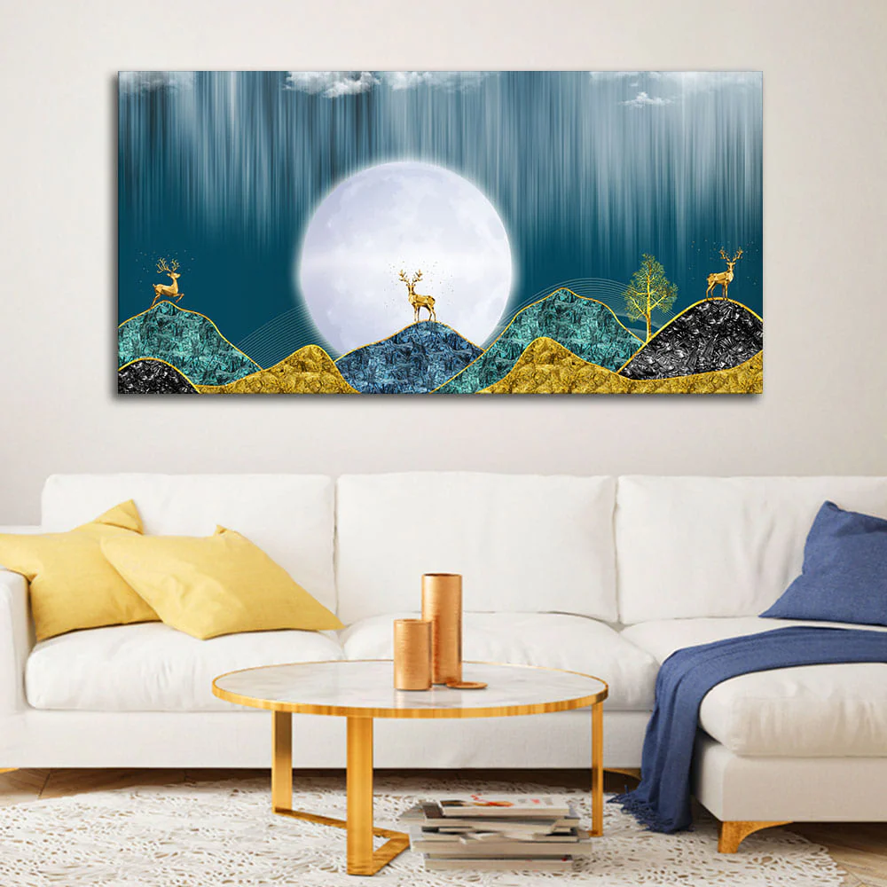 Beautiful Golden Mountains and Deer with Moon Premium Canvas Wall Painting - Image 2
