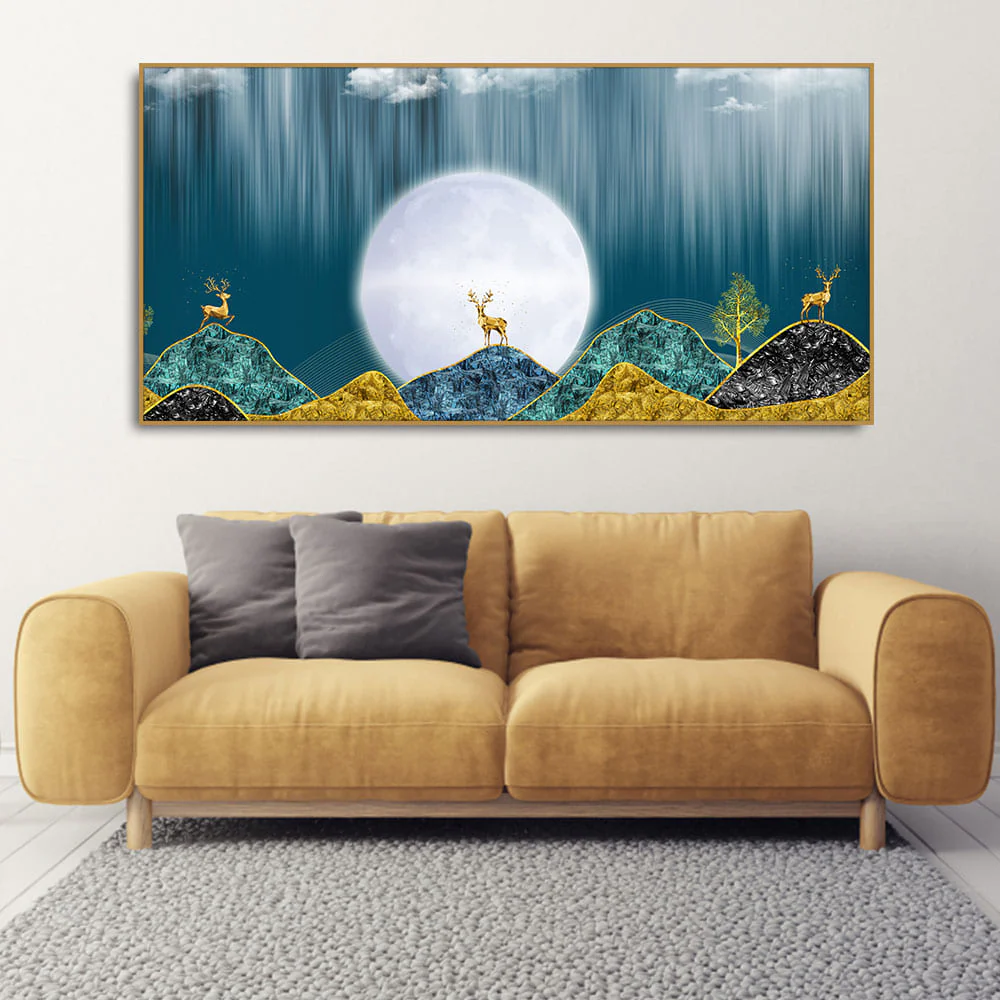Beautiful Golden Mountains and Deer with Moon Premium Canvas Wall Painting - Image 3