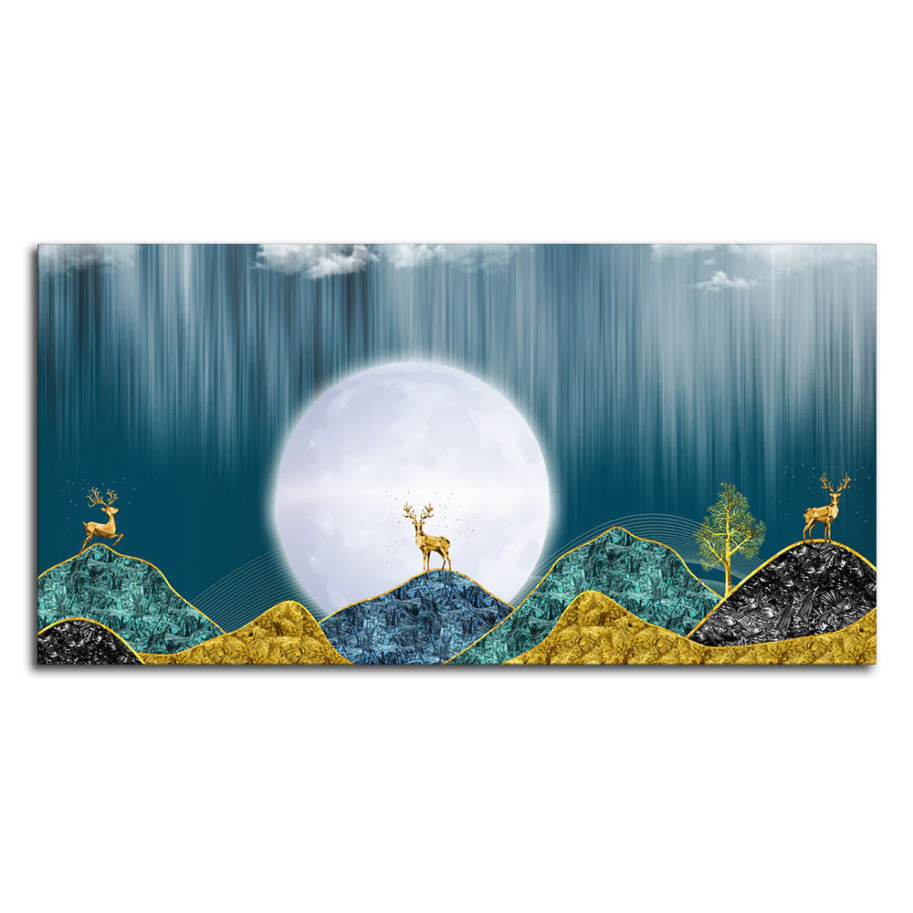 Beautiful Golden Mountains and Deer with Moon Premium Canvas Wall Painting - Image 4