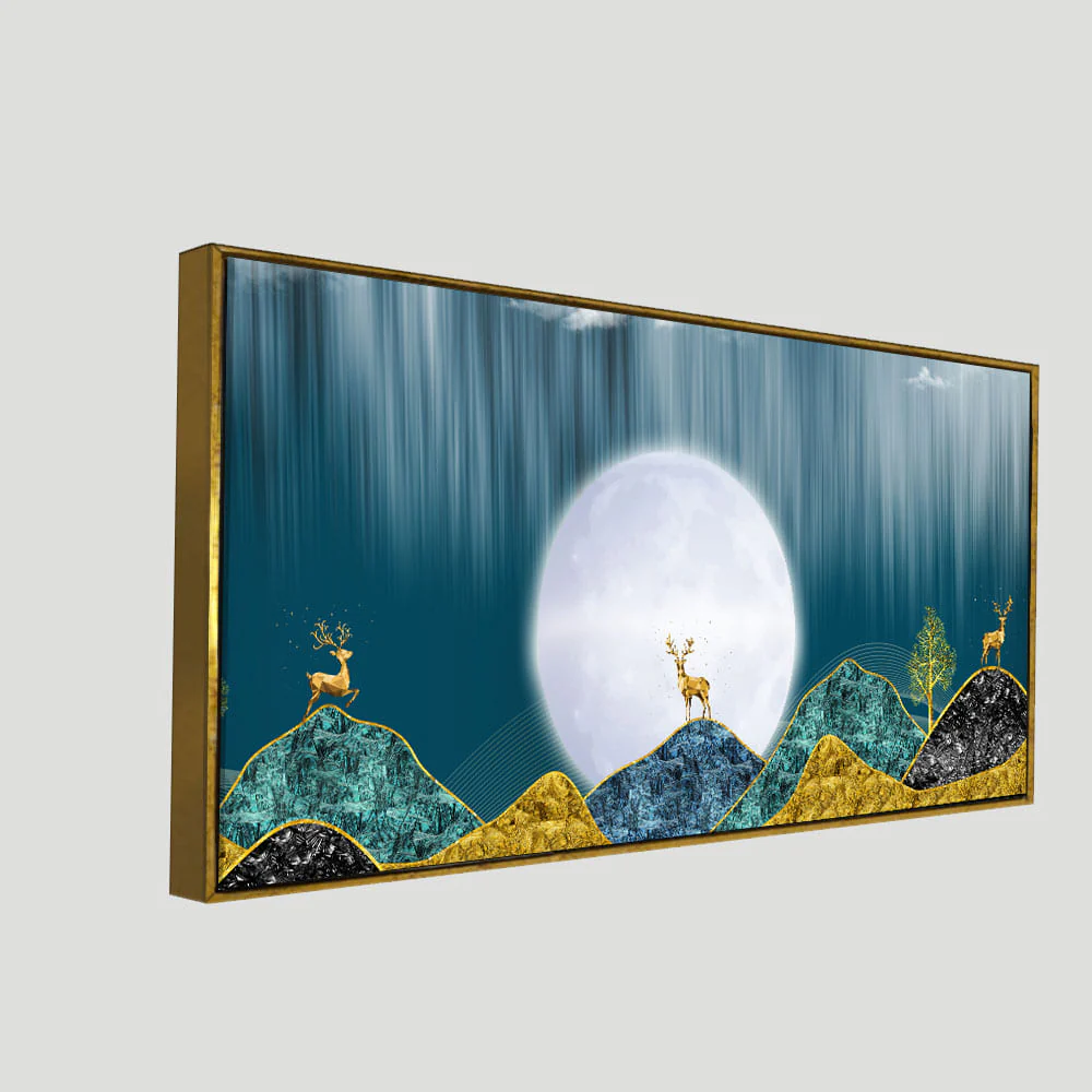 Beautiful Golden Mountains and Deer with Moon Premium Canvas Wall Painting - Image 5