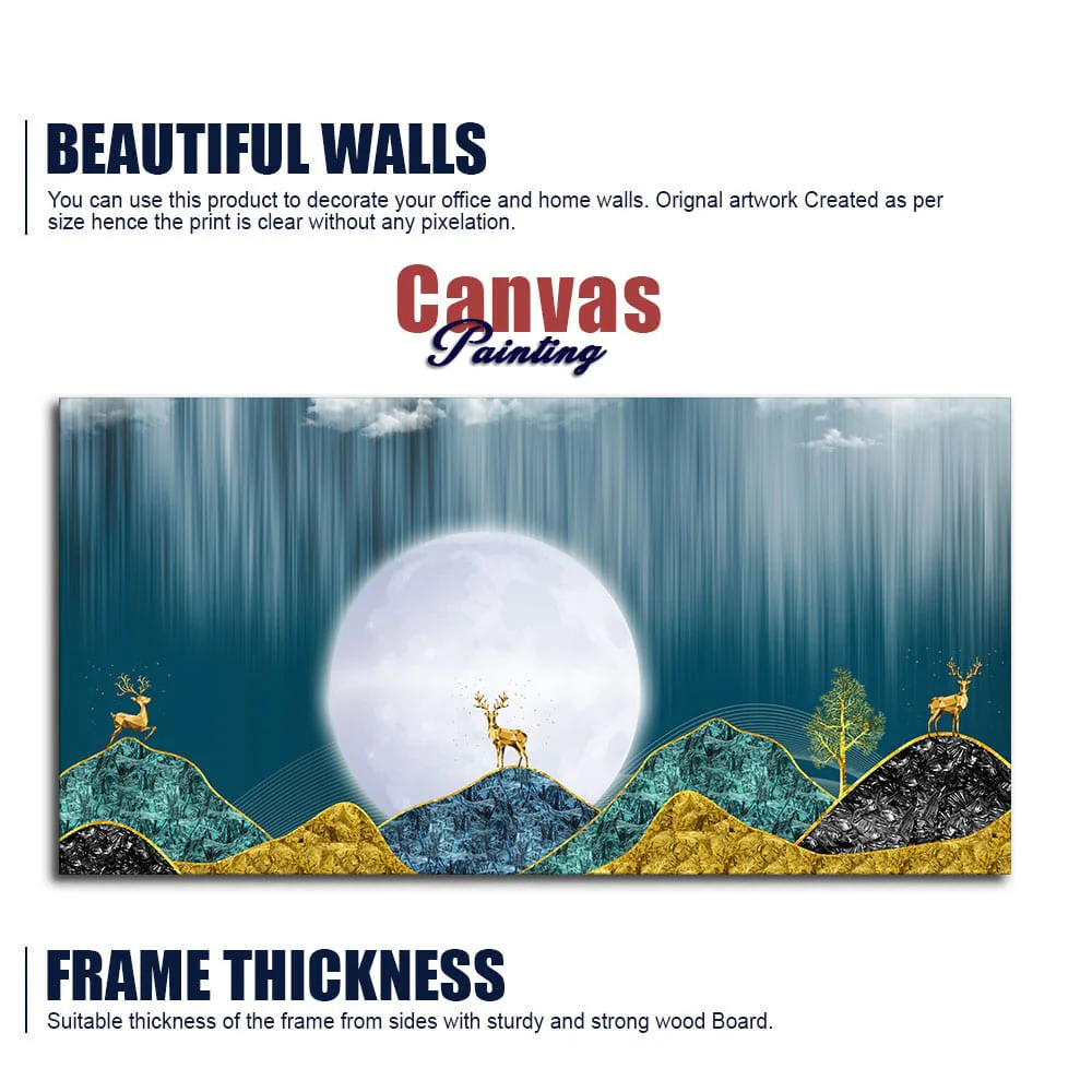 Beautiful Golden Mountains and Deer with Moon Premium Canvas Wall Painting - Image 6
