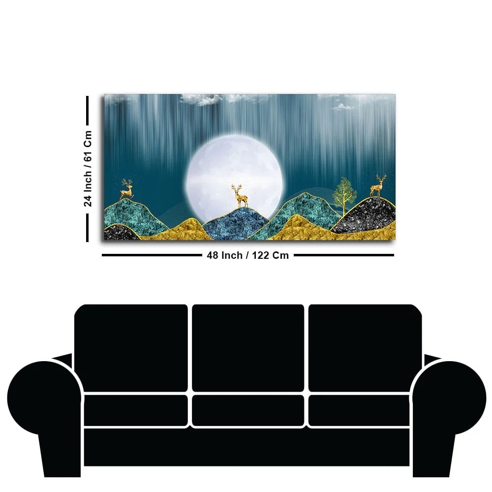Beautiful Golden Mountains and Deer with Moon Premium Canvas Wall Painting - Image 7