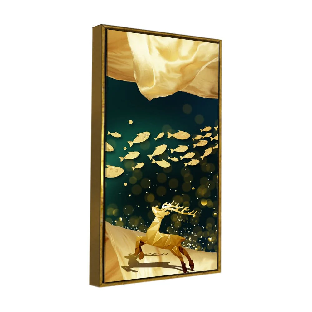 Beautiful Golden Running Deer with Fish Premium Canvas Wall Painting - Image 5