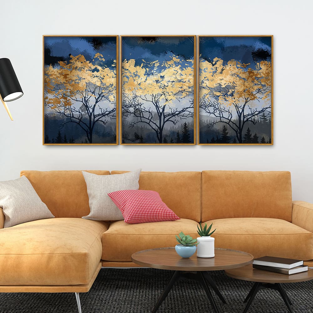 Beautiful Golden Tree Abstract Design Premium Floating Canvas Wall Painting Set of Three - Image 3