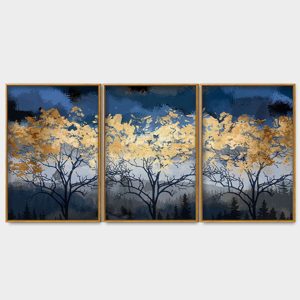 Beautiful Golden Tree Abstract Design Premium Floating Canvas Wall Painting Set of Three - Image 4