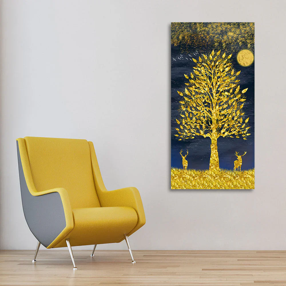 Beautiful Golden Tree and Moon with Deers Premium Canvas Wall Painting - Image 2