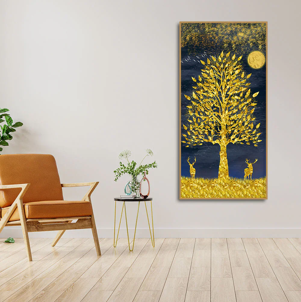 Beautiful Golden Tree and Moon with Deers Premium Canvas Wall Painting - Image 3